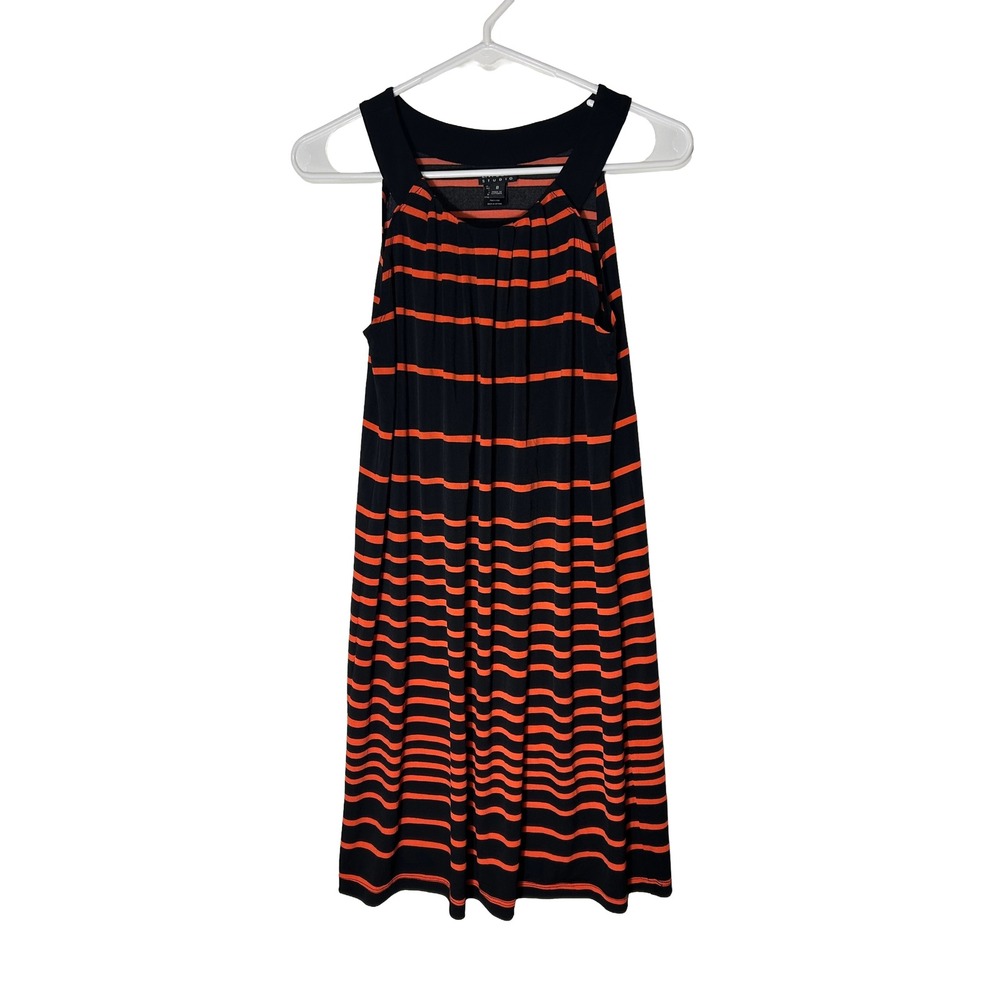 EnFocus Studio Womens Black Orange Striped Sleeveless Pleated Jersey Dress 8